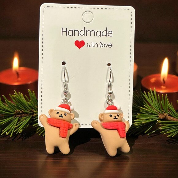 Handmade Teddy Bear Earrings | Christmas Earrings | Polymer Clay Holiday Jewelry - Picture 1 of 8